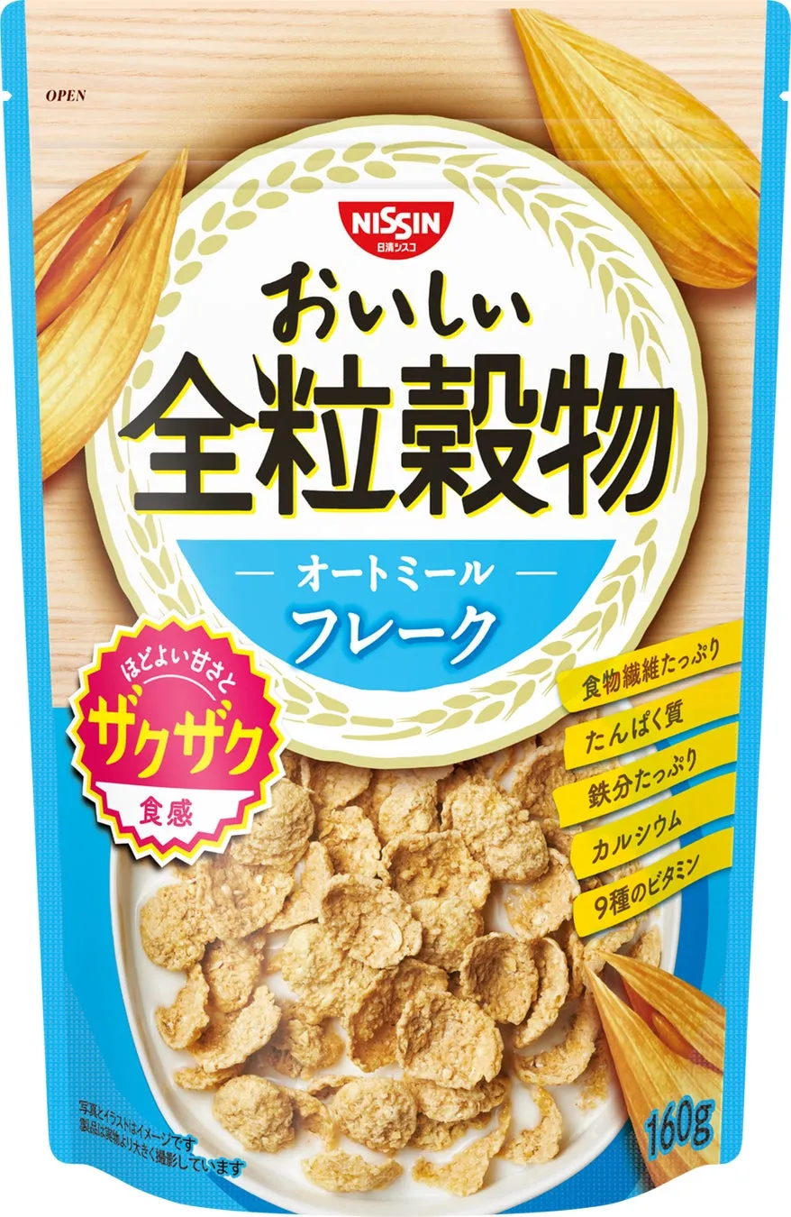 日清シスコの全粒穀物オートミールフレークのパッケージ。