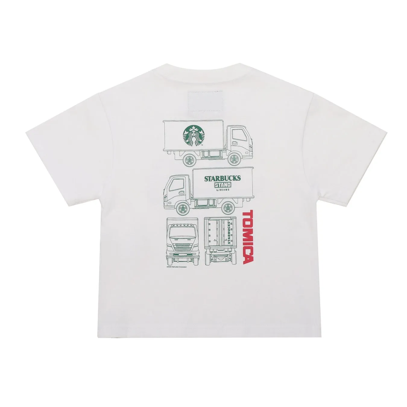 白いTシャツの背面に、スターバックス、ビームス、トミカのロゴとトラックのイラストが描かれたデザイン。