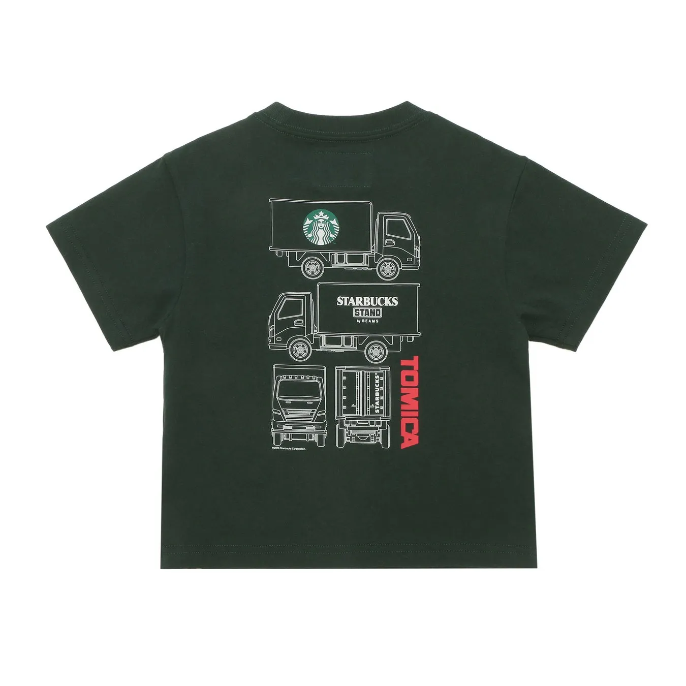 緑色のTシャツに、スターバックスのロゴとトラックのイラストが描かれています。TOMICAとのコラボレーション商品です。