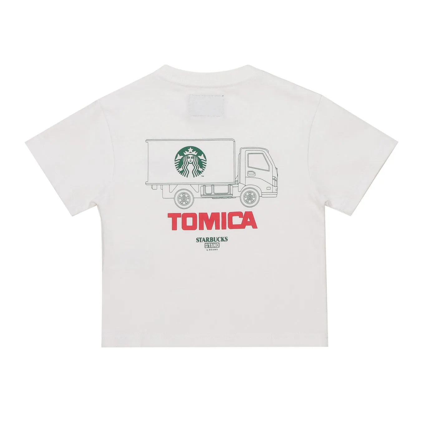 白いTシャツに、スターバックスのロゴとトラックのイラストがプリントされています。