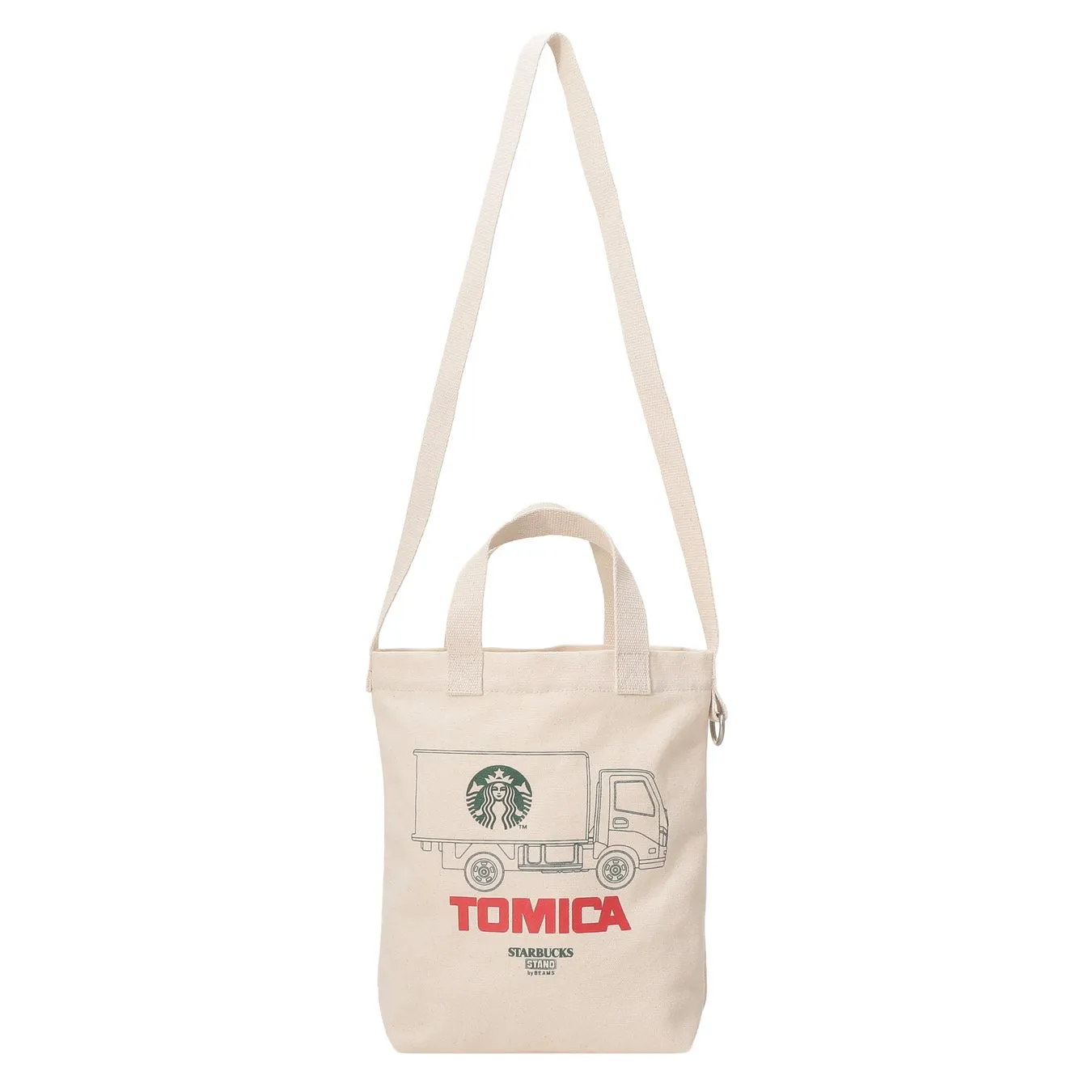 StarbucksとTOMICAのコラボトートバッグ。トラックのイラストが描かれている。