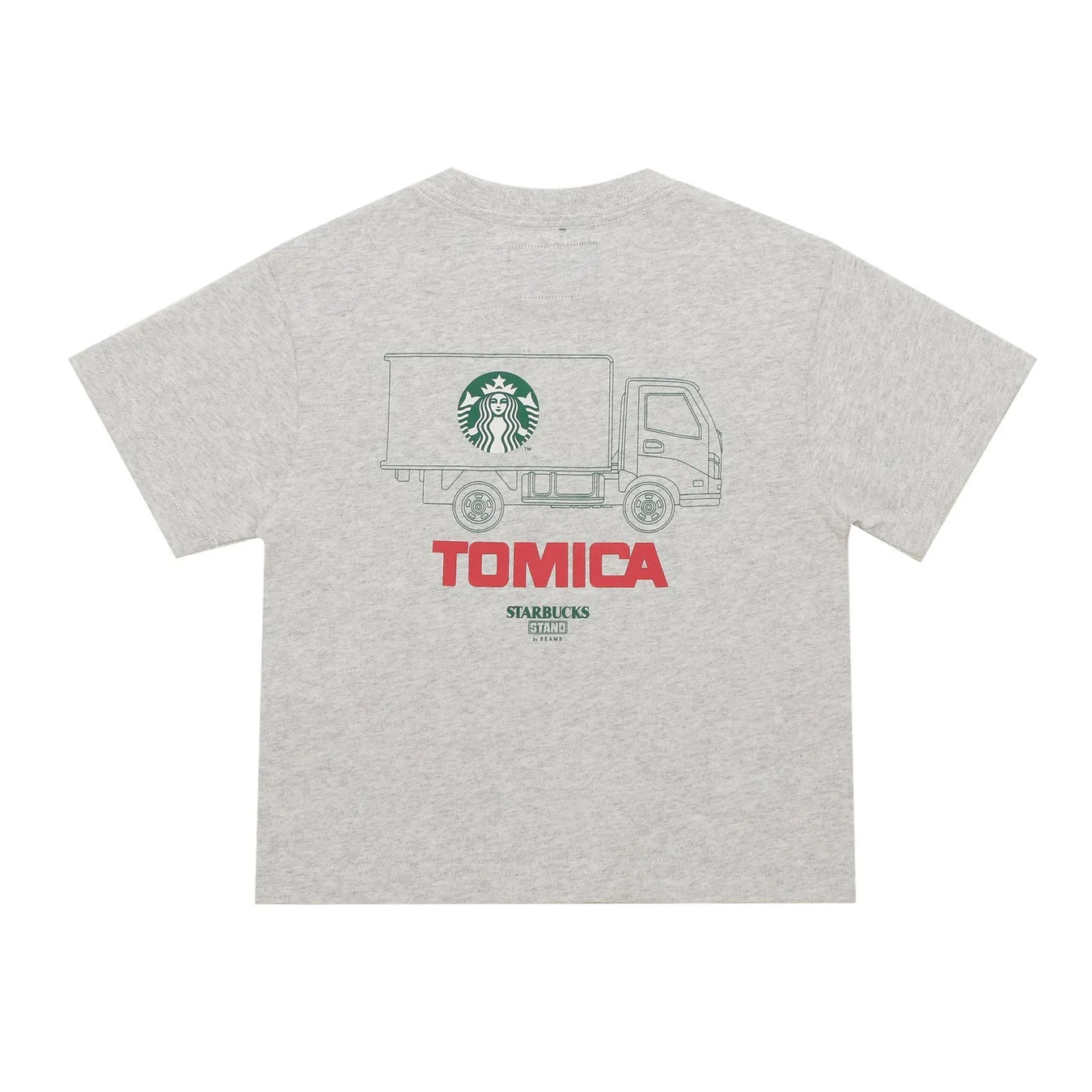 グレーのTシャツに、スターバックスのロゴとTOMICAのトラックのイラストがプリントされている画像。