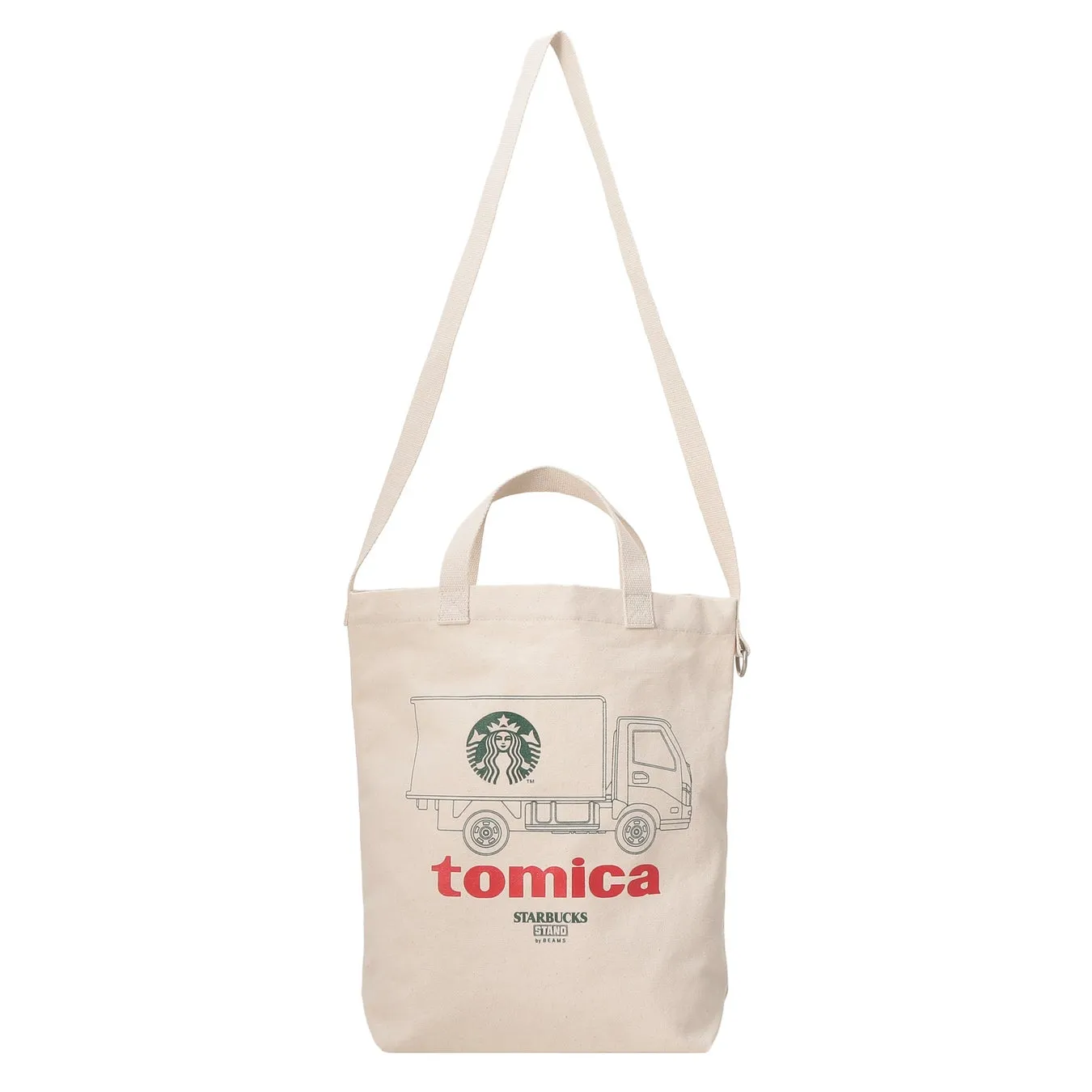 StarbucksとTomicaのコラボレーショントートバッグの画像です。トラックのイラストが描かれています。