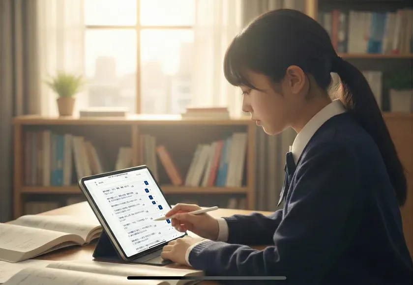 タブレットで学習する学生