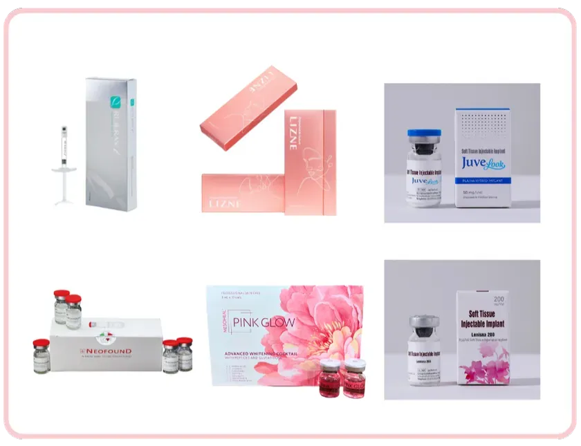 美容製品のパッケージが複数写った画像。製品には、NEOFOUND、LIZNE、PINK GLOW、Juve、Lenisna 200といったブランド名が記載されている。