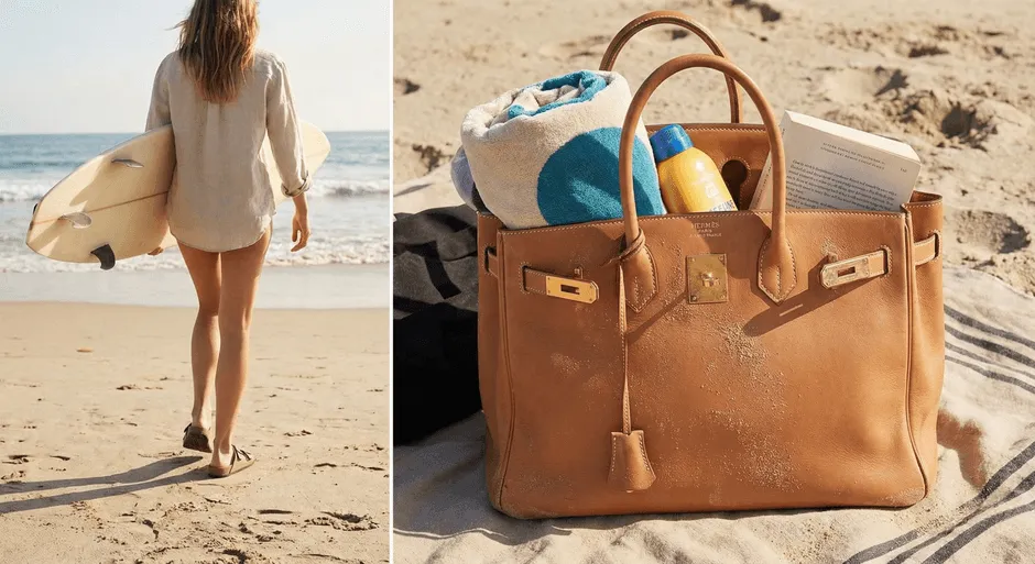 ビーチに置かれたバッグとサーフボードを持つ女性