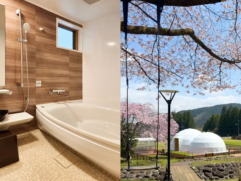 桜の木の下にあるドーム型テントと貸切風呂