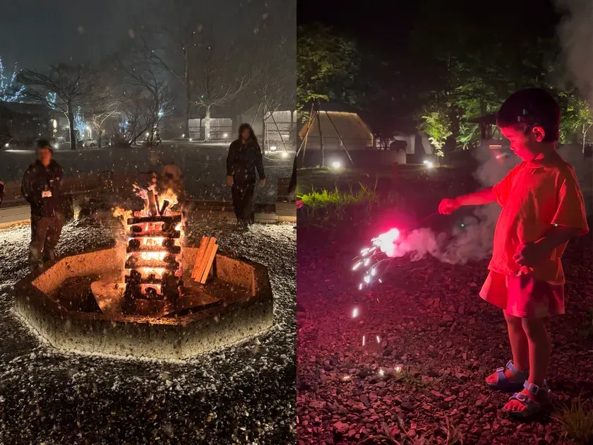 雪の中で焚き火と花火を楽しむ様子