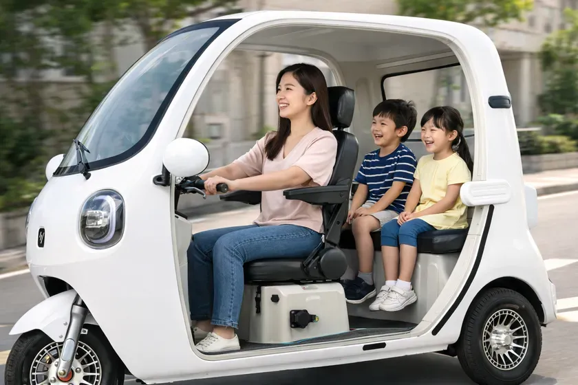 白い三輪車に乗る母親と子供たちの写真。子供たちは楽しそうに笑っている。