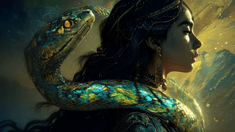 女性の横顔と蛇が描かれた幻想的なイラスト