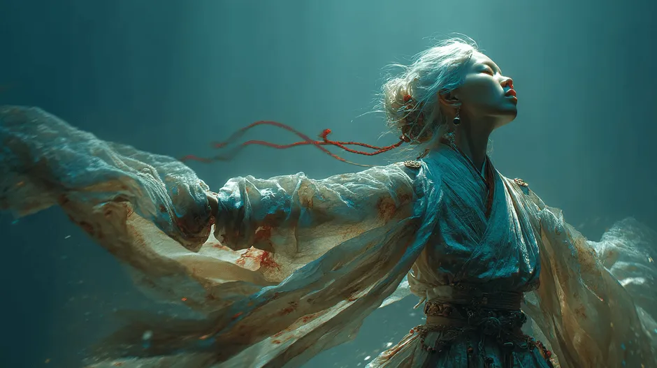 水中で舞う女性を描いた幻想的なイラスト