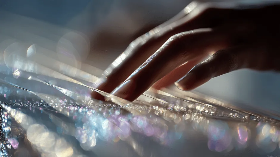 光の中で輝く手と水滴のクローズアップ写真