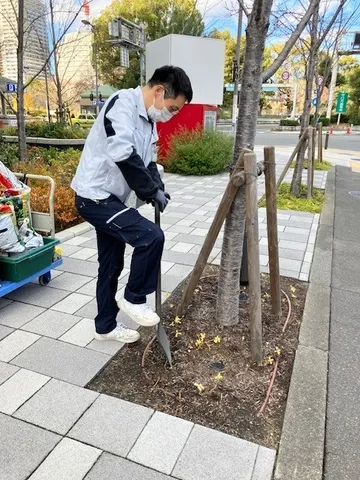 街路樹の手入れをしている男性の画像です。彼はマスクをして、シャベルを使って土を掘っています。背景には建物や街路樹が見えます。