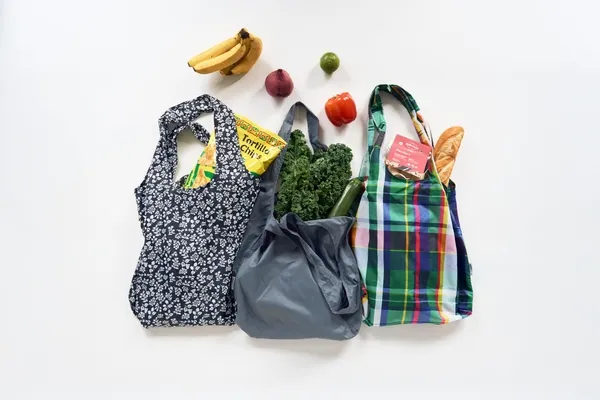 食料品で満たされた3つのエコバッグ