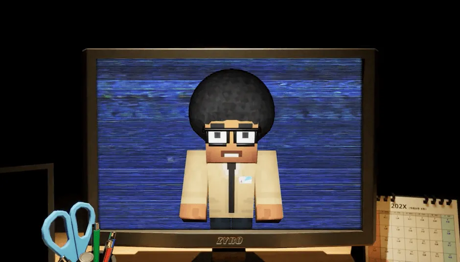 テレビ画面に映る、キューブ風の男性キャラクターのイラスト。