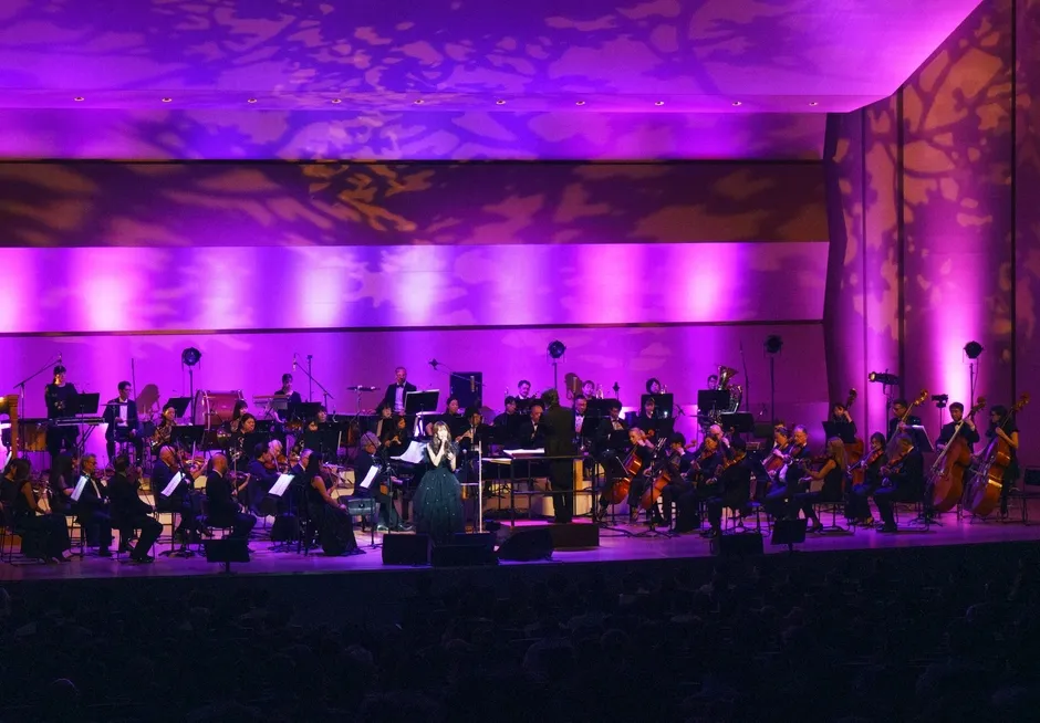 ステージで演奏するオーケストラと女性歌手の画像