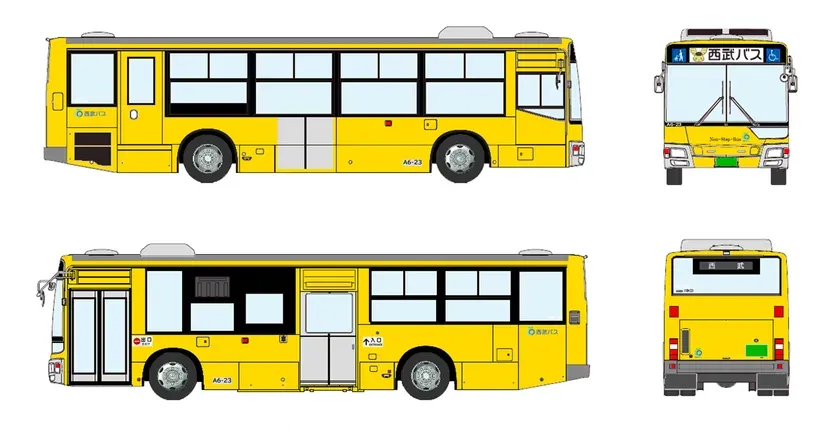 4つの視点から見た、黄色の西武バスのイラスト。