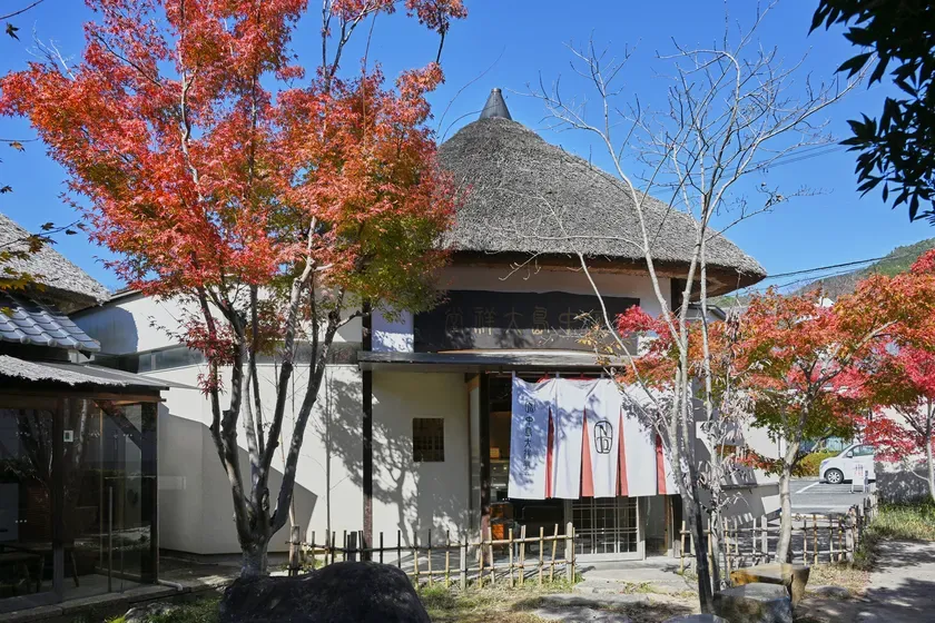 紅葉に囲まれた、藁葺き屋根の中島大祥堂 丹波本店
